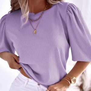 Purple Bubble Half Sleeves Ribbed Knit Top